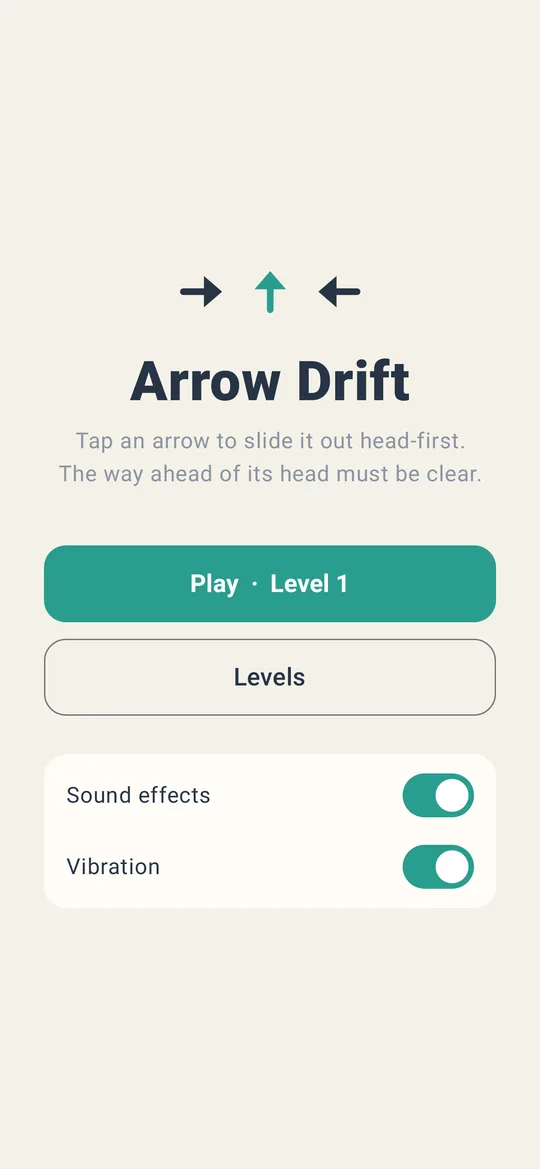 Arrow Drift home screen with Play and Levels buttons