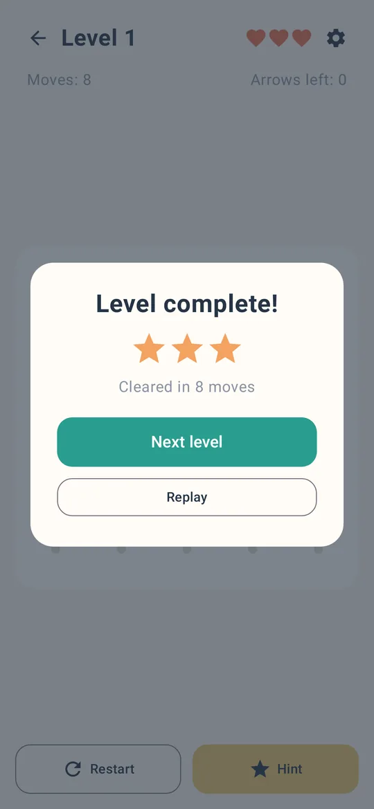 Level complete dialog with three stars